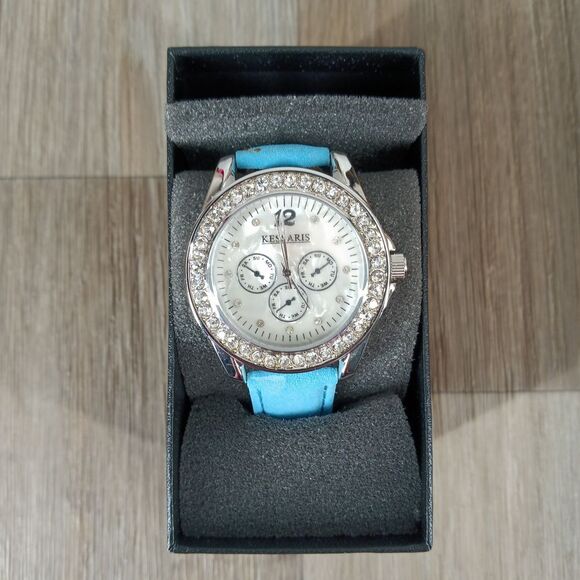 Kessaris Crystal-Embellished Chronograph Watch with Turquoise Blue‎ Leather Band - Picture 1 of 9